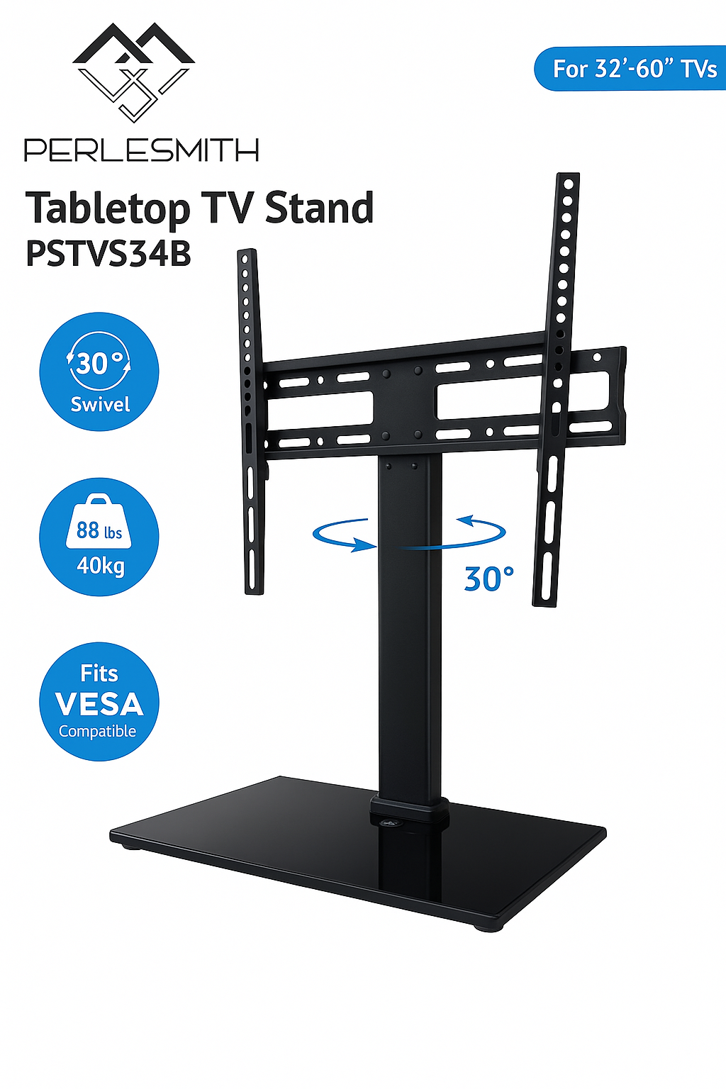 Tabletop TV Stand with Tempered Glass Base Universal Fit VESA